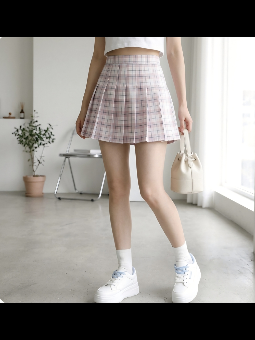 Y2K Pastel Pink Blue Plaid Pleated Skater Mini Skirt Schoolgirl